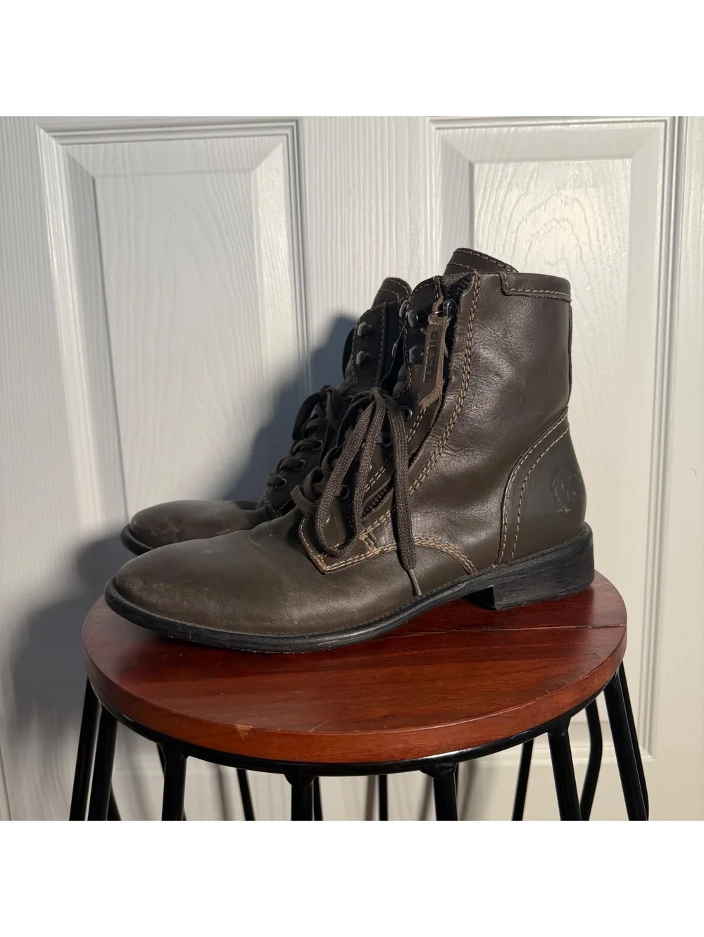 Men’s Genuine Leather Lace Up Side Zip Combat Biker Greenish Brown Ankle Boots